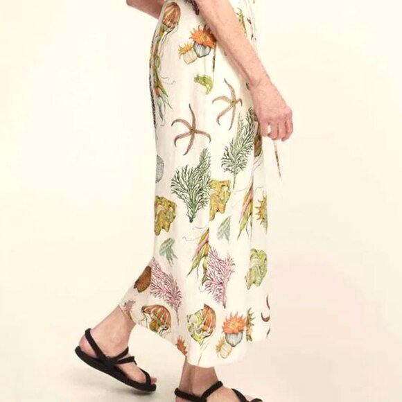 BOHEMIAN L SEALIFE PRINT FAIRY DRESS. PUFF SLEEVE MIDWAIST STANDING COLLAR MIDI - Picture 4 of 9